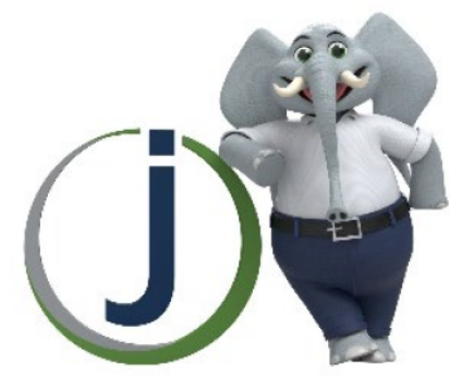 graphic of an elephant leaning on a logo with the letter j