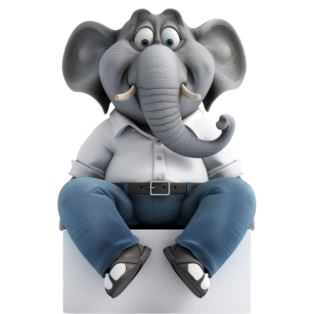 elephant in professional clothes, sitting on a bench