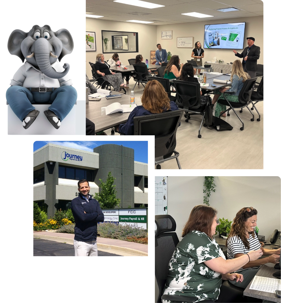 A collage with four images: an animated elephant in business attire, a group of adults attending a classroom presentation, a man standing outside a building with a "Journey" sign, and two women working together at a desk.