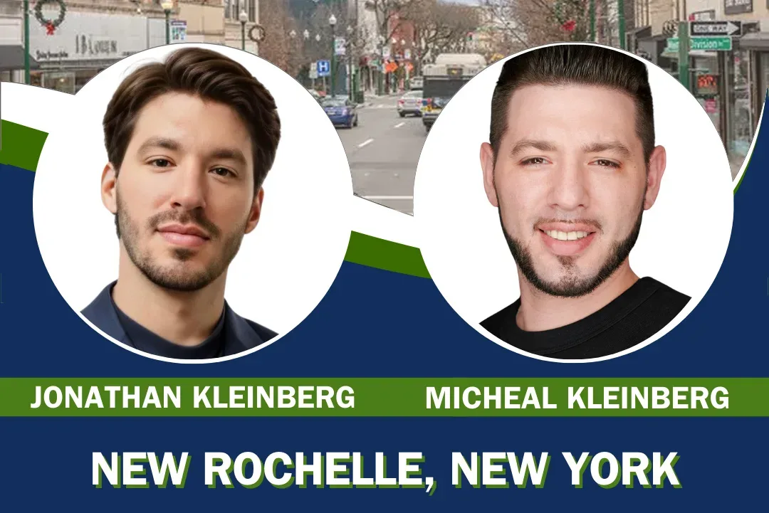 Overlay of two men's portraits labeled Jonathan Kleinberg and Micheal Kleinberg over a street view of New Rochelle, New York.