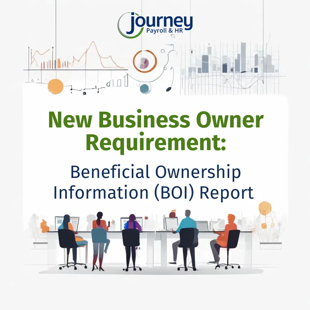 Illustration of people sitting at a conference table, with charts and graphs in the background. Text reads: "New Business Owner Requirement: Beneficial Ownership Information (BOI) Report." Journey Payroll & HR logo at the top.