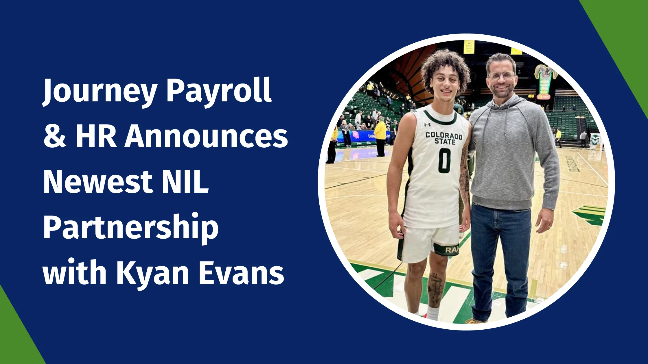 A basketball player in a Colorado State uniform stands with a person in a gray sweater on a basketball court. Large text on the left reads, "Journey Payroll & HR Announces Newest NIL Partnership with Kyan Evans.